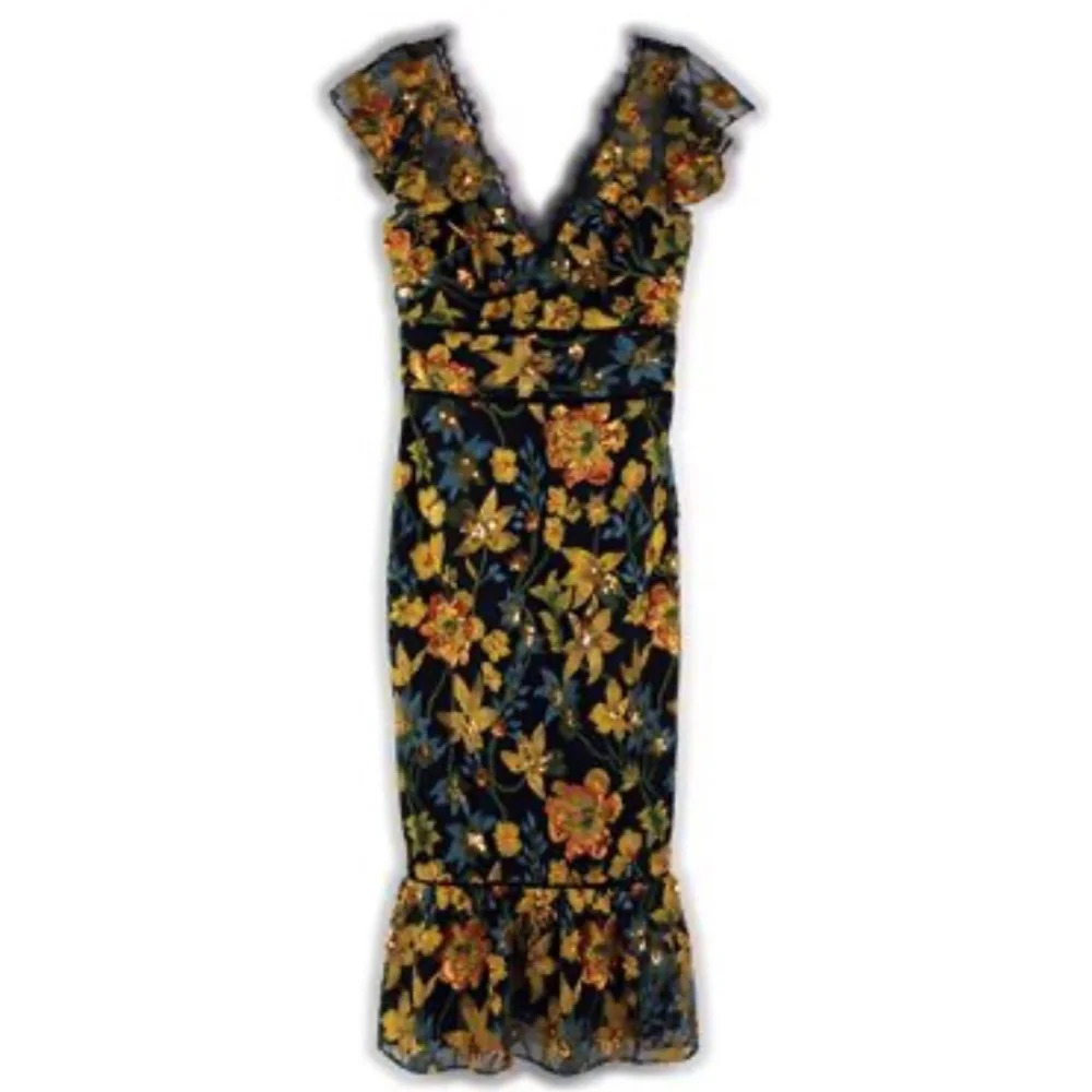 Marchesa Black Floral Embroidered Midi Dress - Picture 6 of 6